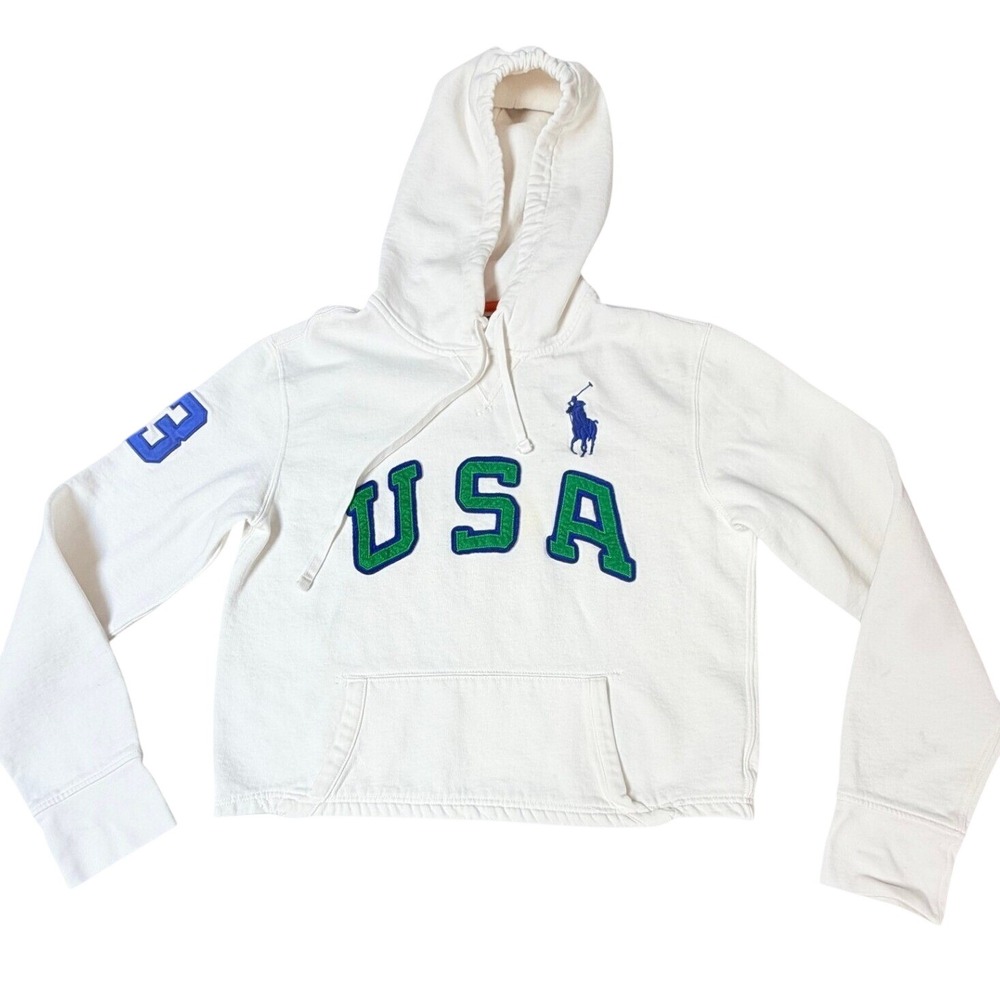 Vintage Polo Ralph Lauren USA Big Pony #3 Hoodie Men's M 90s White Spellout